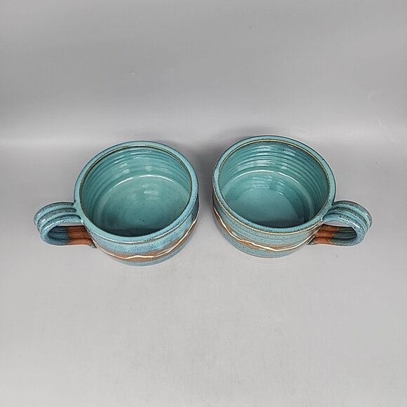 Set Of 2 Artisan Pottery Handeled Bowls Drip Glaze Teal Beige Beautiful - Picture 4 of 7